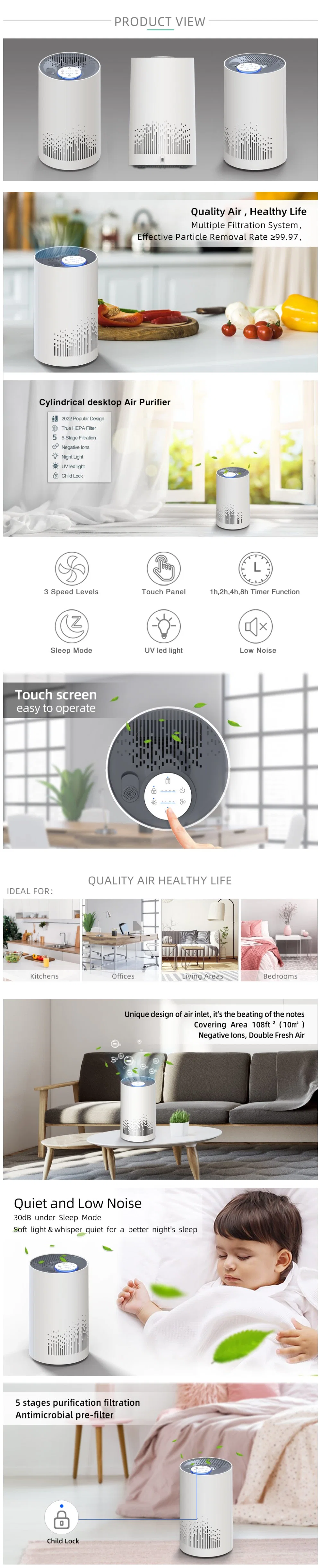 Customized RoHS Approved Industrial Conditioner Humidifier with Pm Sensor HEPA Air Purifier Night Light