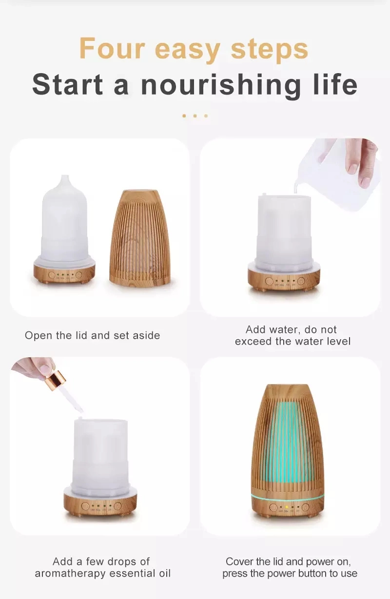 100ml Ultrasonic Cool Mist Wood Grain Air Essential Oil Aroma Diffuser Fire Flame Air Humidifier with 7 Color LED Lights for Office Home Bedroom Living Room