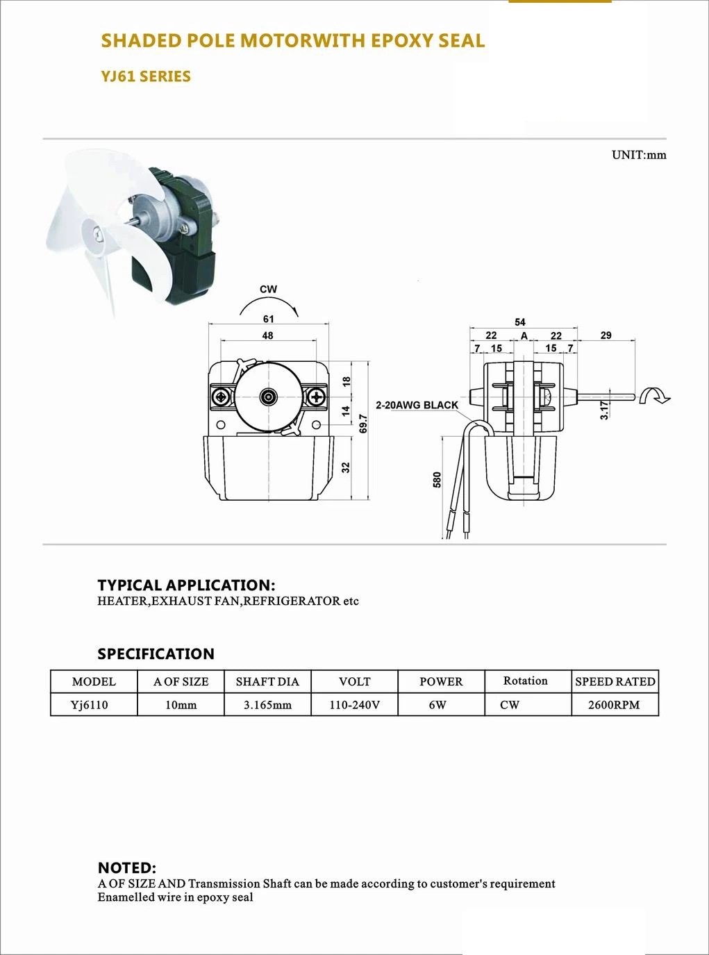 6W AC Electric Shaded Pole Motor for Air Purifier/Humidifier