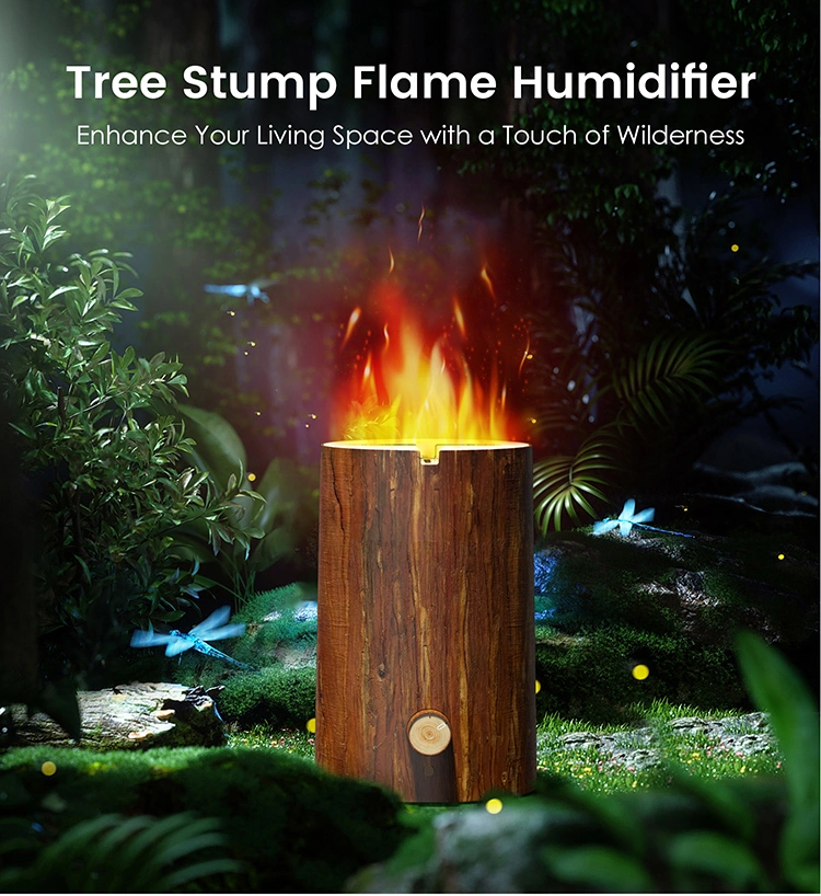 Creative 2.3L Wood Grain Tree Stump Shape LED Light Fire Flame Air Humidifier