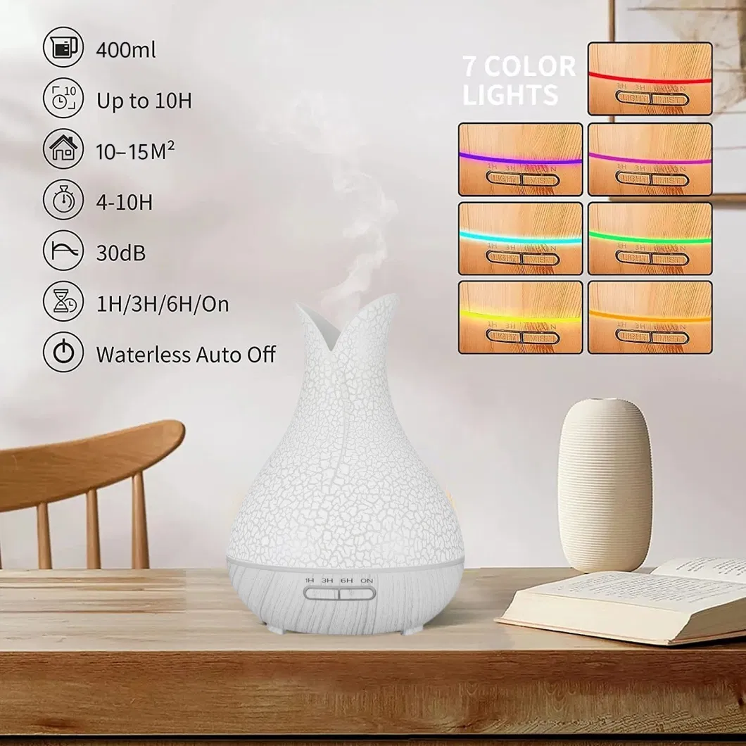 Vase Essential Oil Diffuser Cracked Aromatherapy Diffuser Humidifier with 2 Mist Modes, 4 Timers and 7 Colors Light Dry-Proof for Large Rooms Home Office White