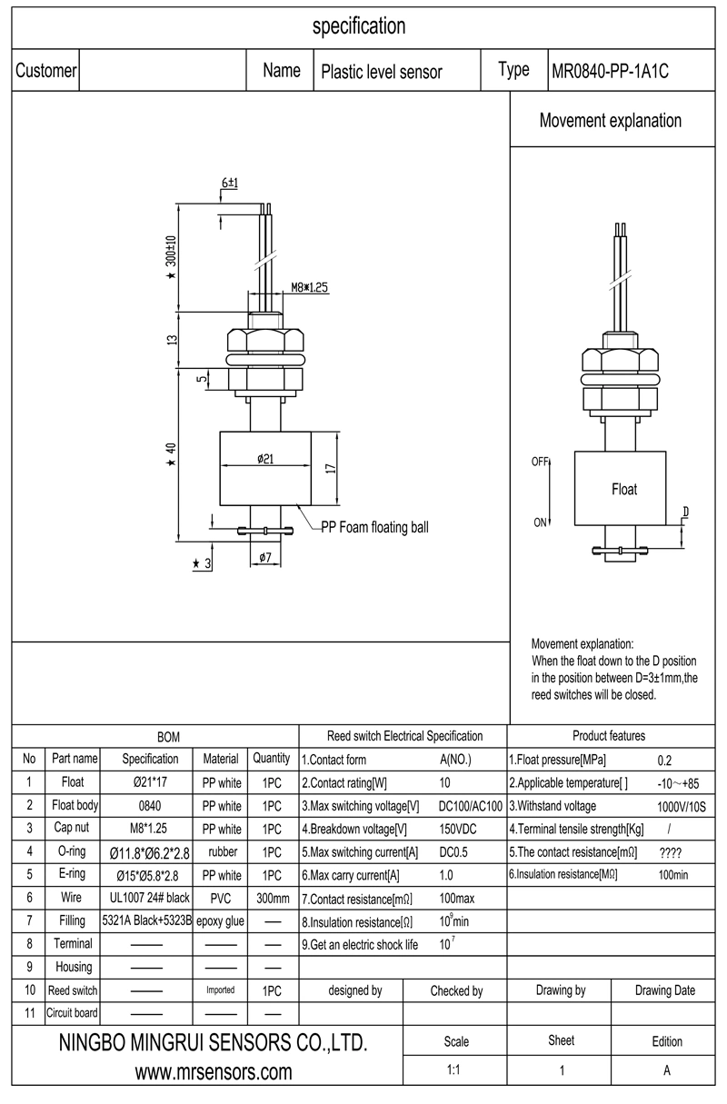 PP Top Mount Water Tank Level Float Switch