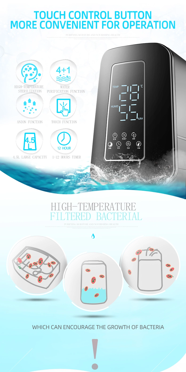 4.5L LED Display Ionizer Timer Warm and Cool Mist Air Humidifier