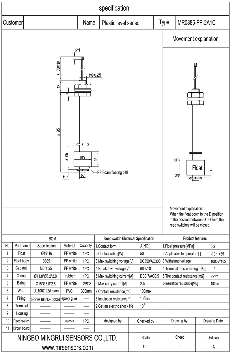 PP Top Mount Water Tank Level Float Switch for Humidifier