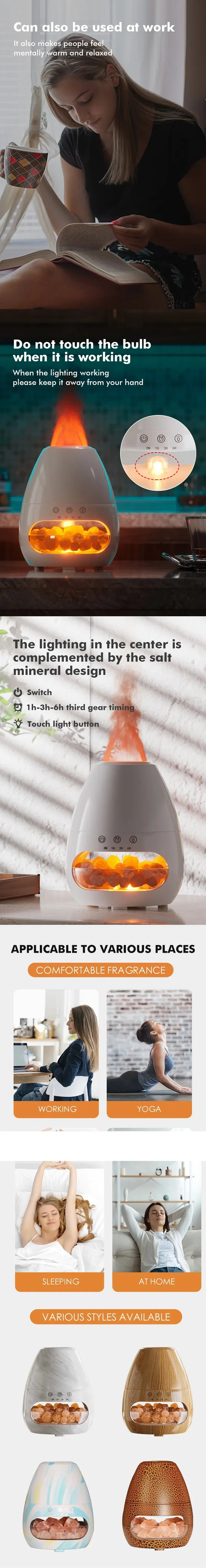 200ml Himalayan Salt Lamp Diffuser Crystal Stone 3D Flame Air Humidifier