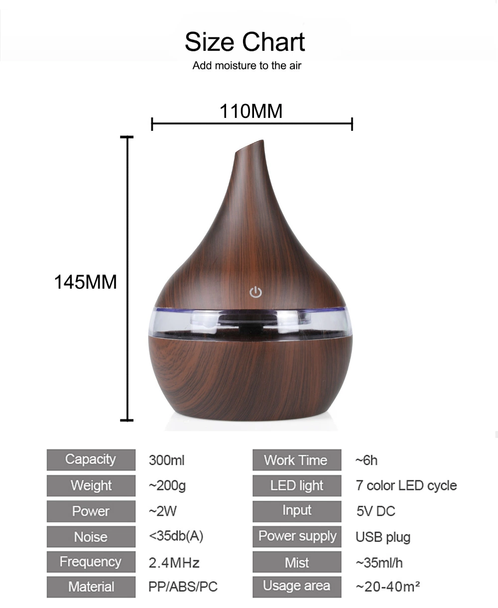 Hot Sale Humidificador 300ml Wood Grain Aroma Diffuser Ultrasonic Cool Mist Mini USB Portable Room Smart Air Humidifier