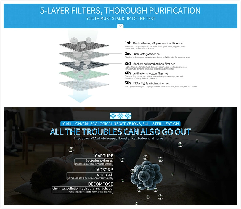 Air Purifier with Negative Ion Air Purifier HEPA Filter Large Room Air Cleaning Machine