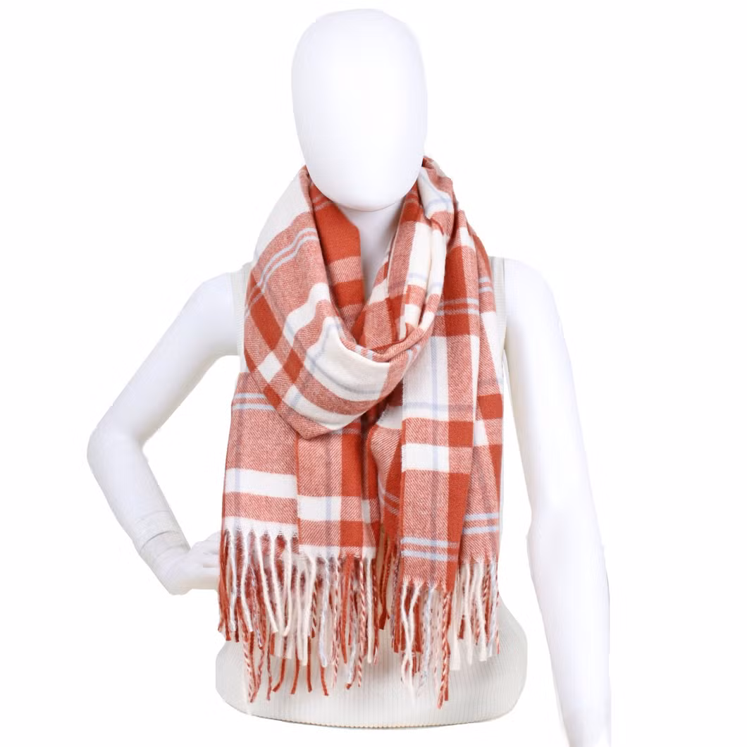 Smoothly Winter Checked Blanket Orange Stole Head Wrap Scarf with Stripes