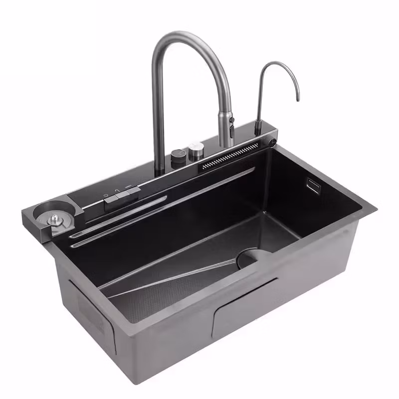 One Piece Piano Key Digital Temperature Display Waterfall Faucet Kitchen Sinks Topmount Single Bowl 304 Stainless Steel Sink Single Bowl Nano Black