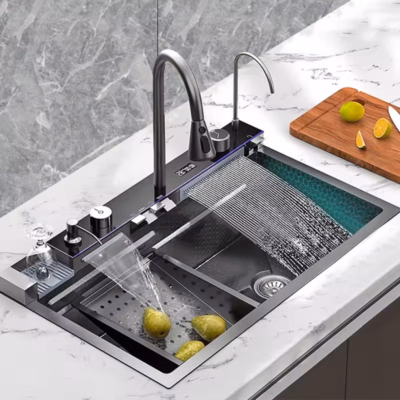 One Piece Piano Key Digital Temperature Display Waterfall Faucet Kitchen Sinks Topmount Single Bowl 304 Stainless Steel Sink Single Bowl Nano Black