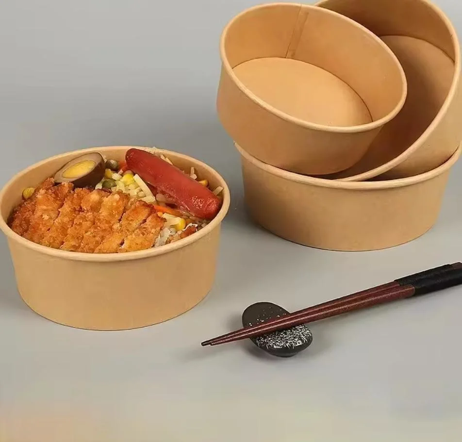 Brown with Lid Round Disposable Rice Food Container /Printing Craft 32 Paper Noodle Bowl for Take out