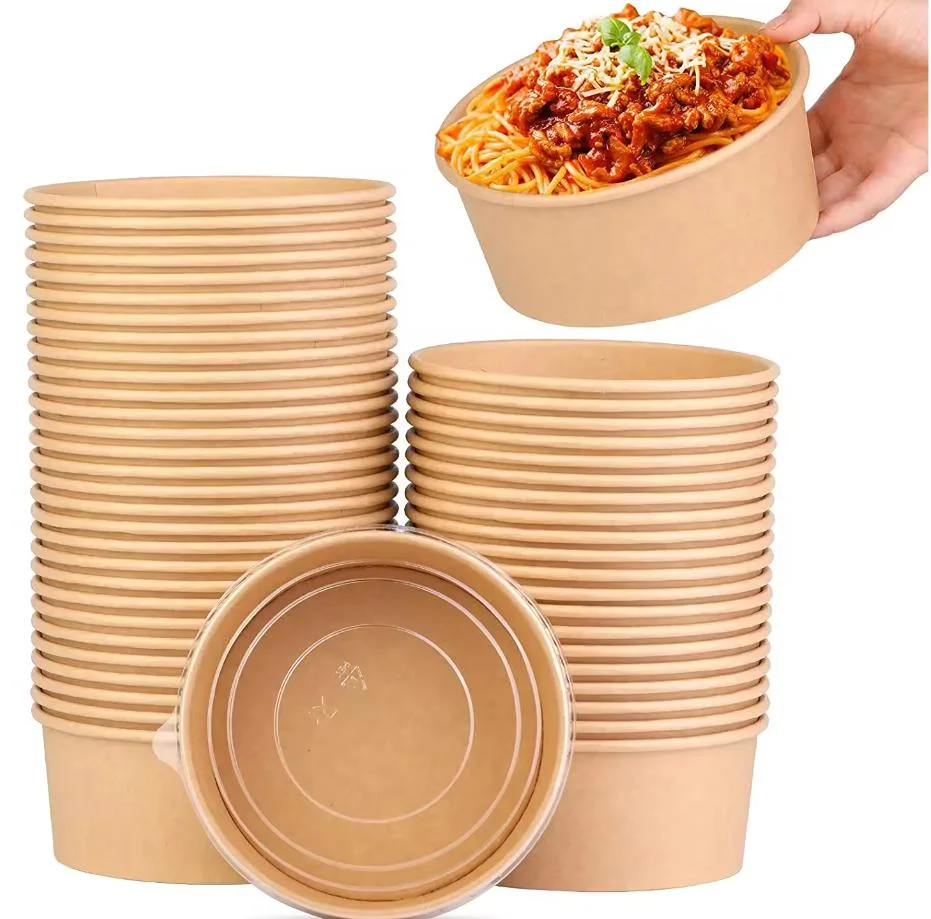 Brown with Lid Round Disposable Rice Food Container /Printing Craft 32 Paper Noodle Bowl for Take out