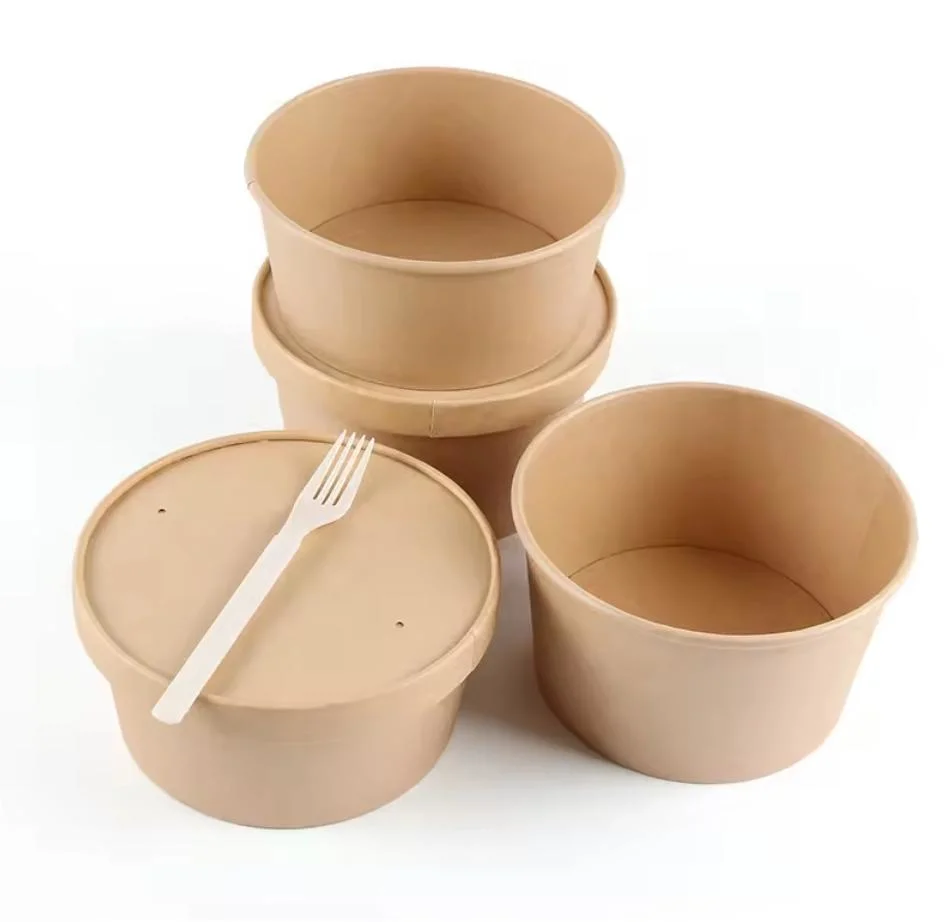 Brown with Lid Round Disposable Rice Food Container /Printing Craft 32 Paper Noodle Bowl for Take out