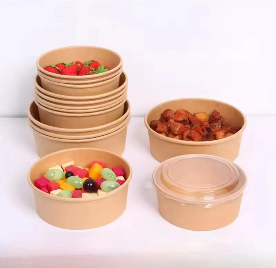 Brown with Lid Round Disposable Rice Food Container /Printing Craft 32 Paper Noodle Bowl for Take out