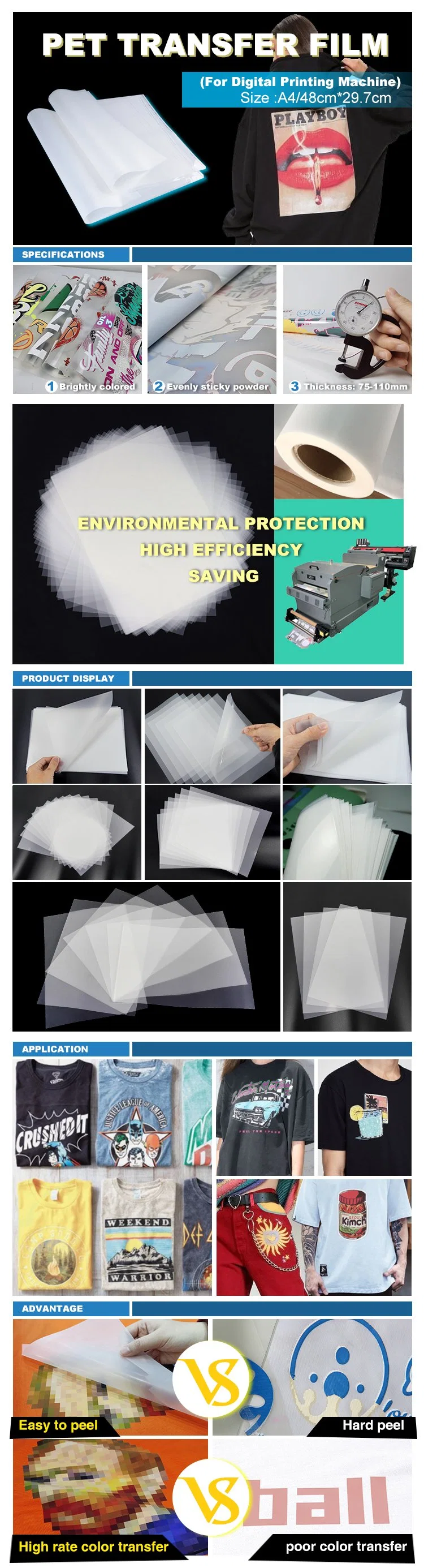 A3/A4 75 Micron 60 Cm Cold Peel Printable Clear Dtf Transfer Printing Pet Film Roll for White Ink Shaker Powder Printer