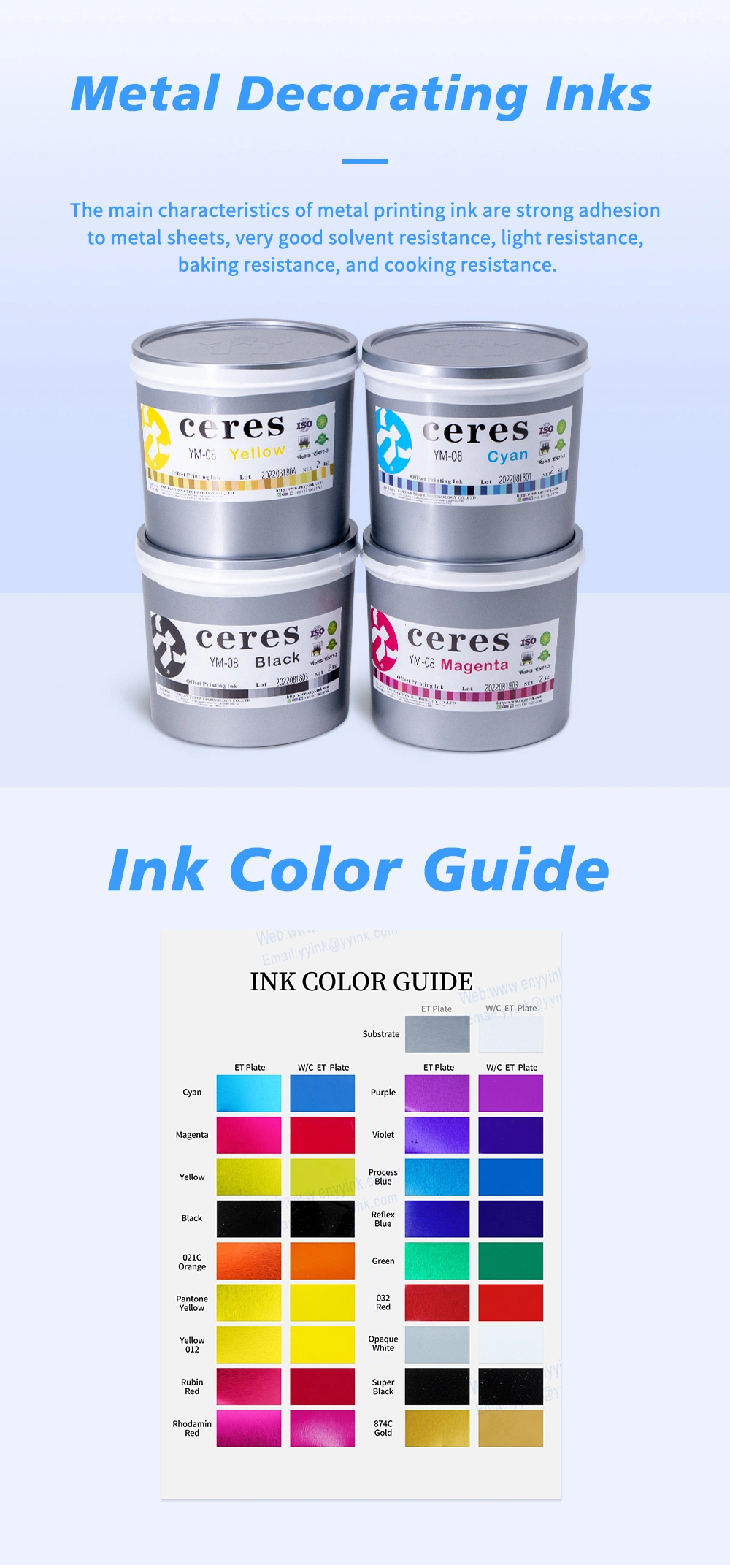 High Quality Ceres Offset Metal Ink for Iron, Color 874 Gold, Hot Air Natural Dry, 2kg/Can