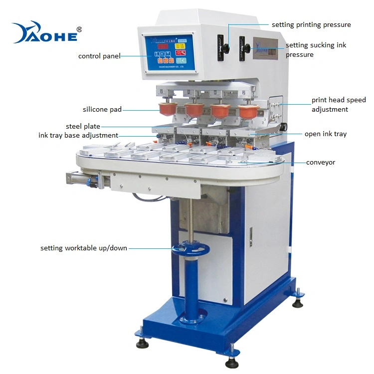 6 Color Open Tray Pneumatic Pad Printer with Conveyor