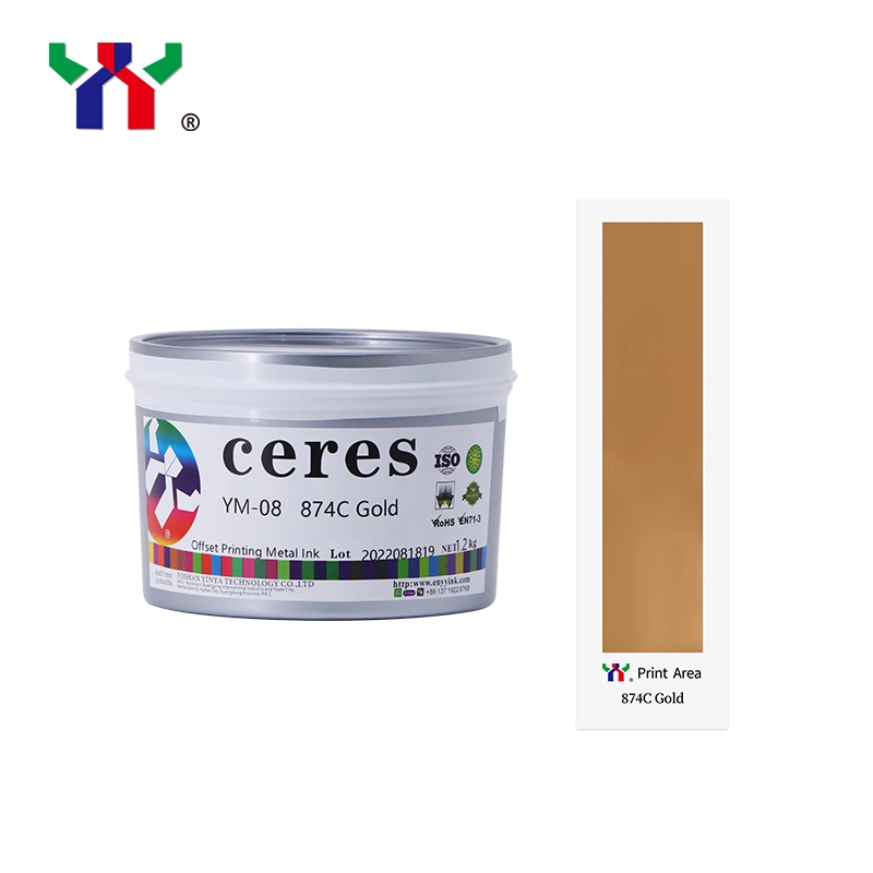 High Quality Ceres Offset Metal Ink for Iron, Color 874 Gold, Hot Air Natural Dry, 2kg/Can