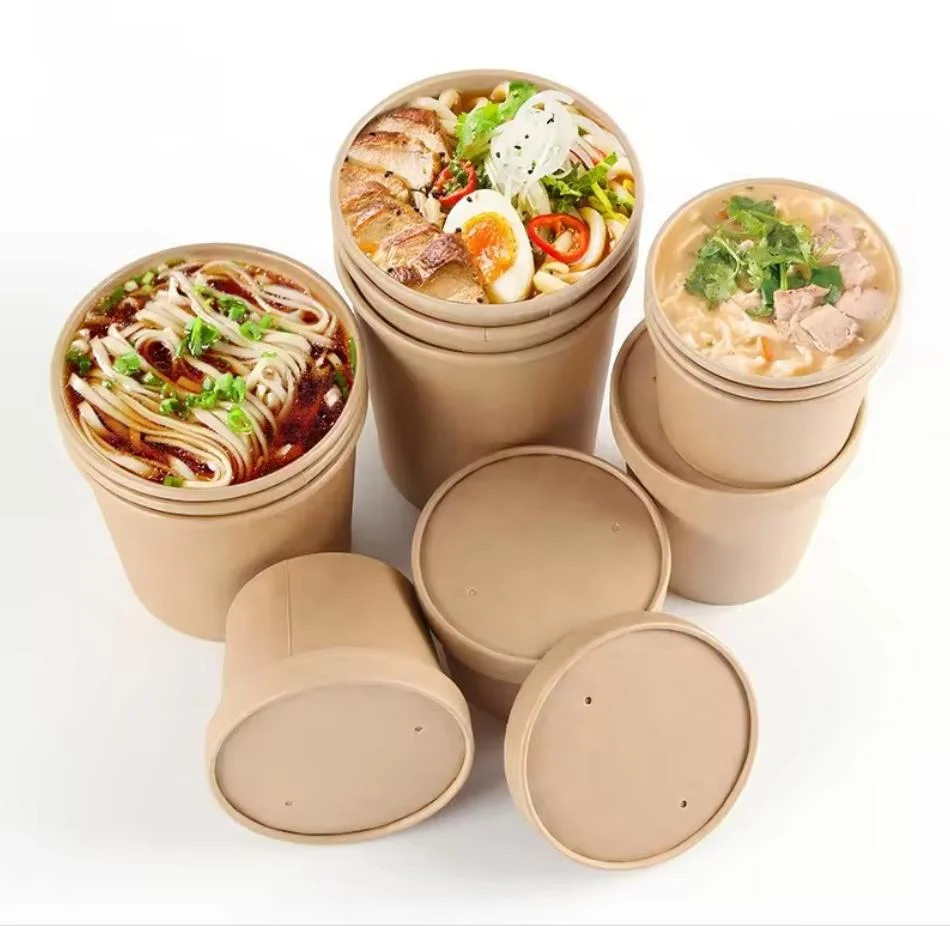 Brown with Lid Round Disposable Rice Food Container /Printing Craft 32 Paper Noodle Bowl for Take out