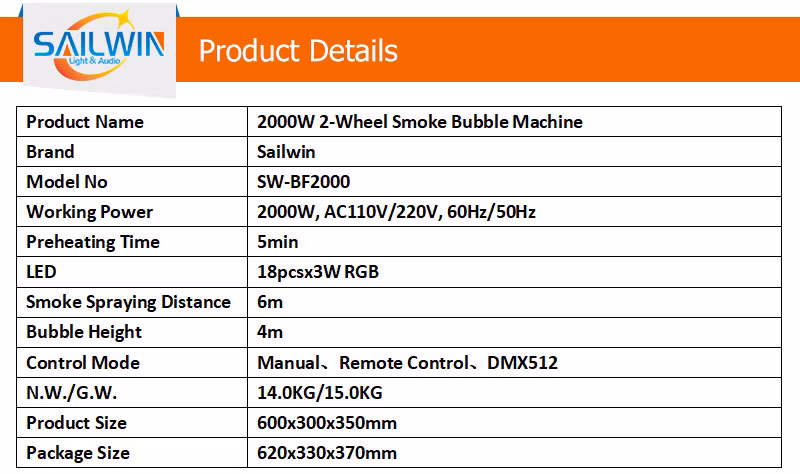 Sailwin 2000W LED Stage Lights DMX Disco Party Fog Smoke Bubble Machine for Bar Entertainment