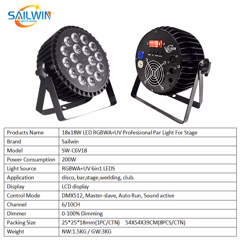 Sailwin DJ Stage Light EU Stock 18X18W Rgbaw UV DMX512 LED PAR Light