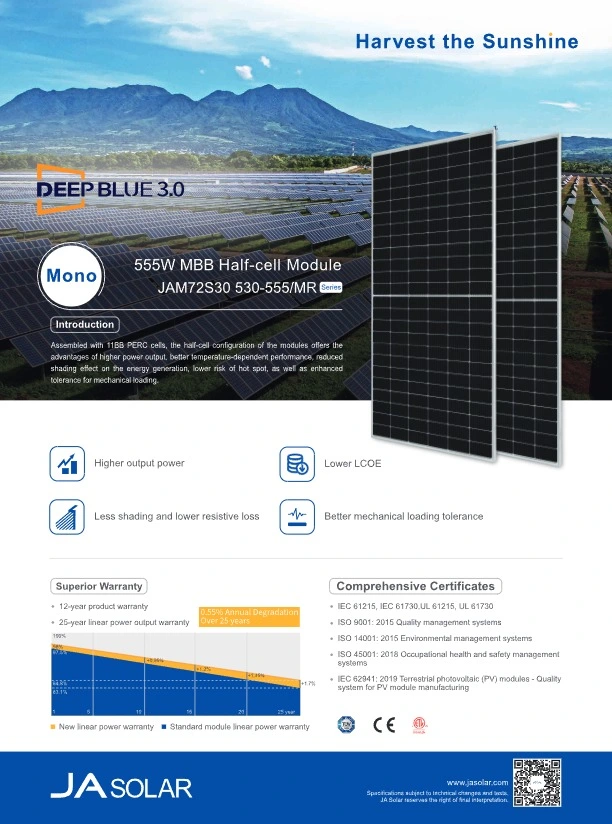 China Factory High Efficiency Ja 530W 550W Solar Panel Solar Module Monocrystalline Panels for Home Use Best Price