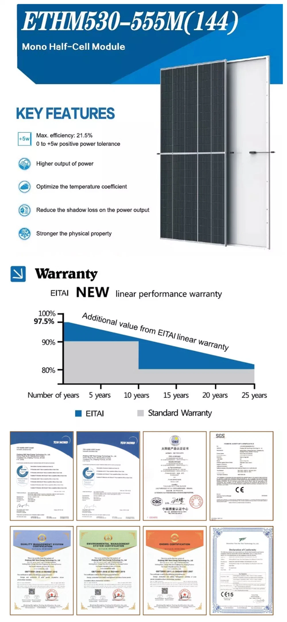 Eitai Grade a Paneles Solares Costos 450W 460W 144 Cells 550W Solar Panels