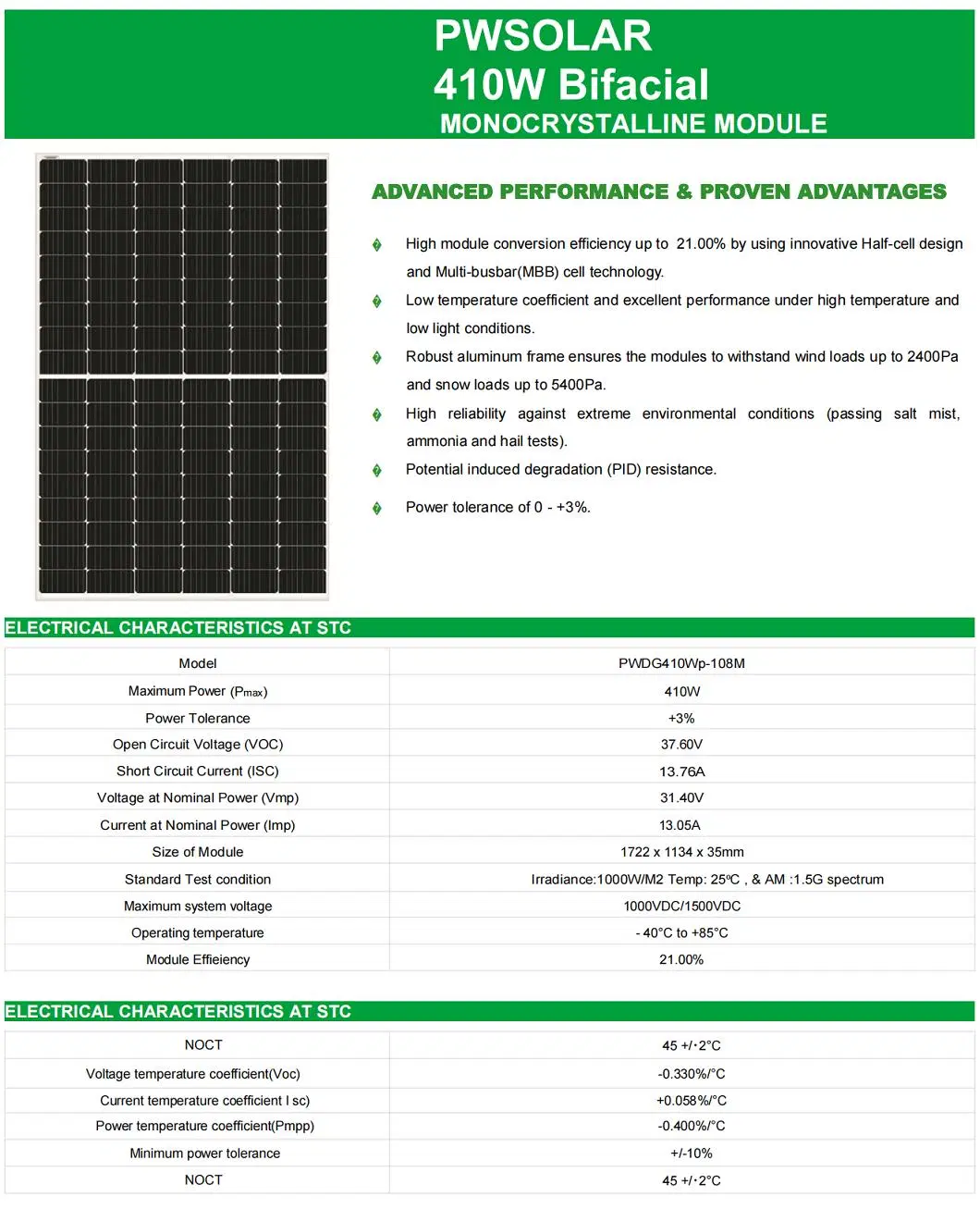 Bifacial Solar and N-Type 405W 410W 415W 420W 425W 430W 450 Watt Mono Double Glass High Efficiency Solar Panel