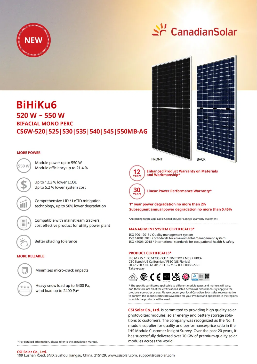 Canadian 400 405W 410 410W 415W 425 425W 455 450 450W 480W 540W 545W 550 550W 600W 600watt 650 Watt 655W Bifacial Solar Panel