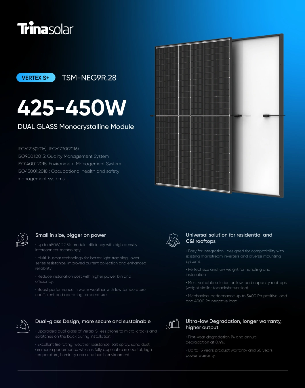 Trina Monocrystalline Solar Panel 425W 430W 435W 440W 450W 450 Watts Half Cut Mono PV Modules