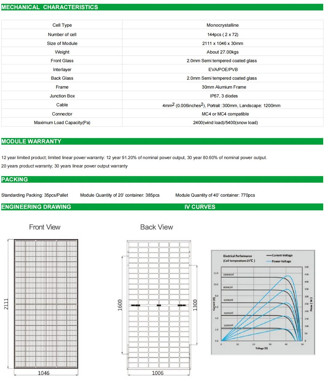 High Quality Solar Cell Panels 400W 425 Watt 450 Watt Mono Double Glass PV Module, Rooftop Solar Panel Installation