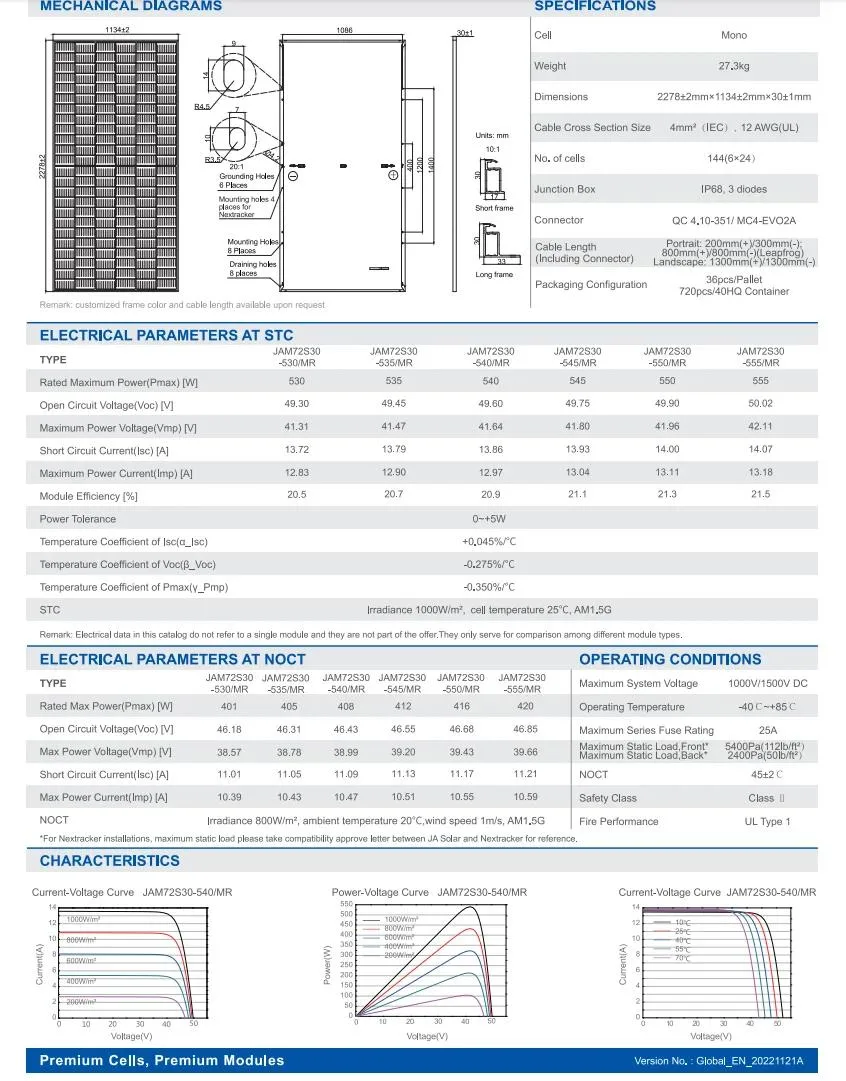 Europe Warehouse Ja Jam72s30 530-555 Mr 530W 540W 550W Solar Panel Cells 182mm Monocrystalline 550 Watt Solar PV Panel