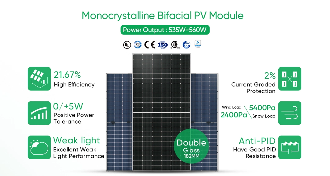 Sunpal High Quality Bifacial Solar Panels 535 540 545 550 555 560 Watts Double Panel Solares