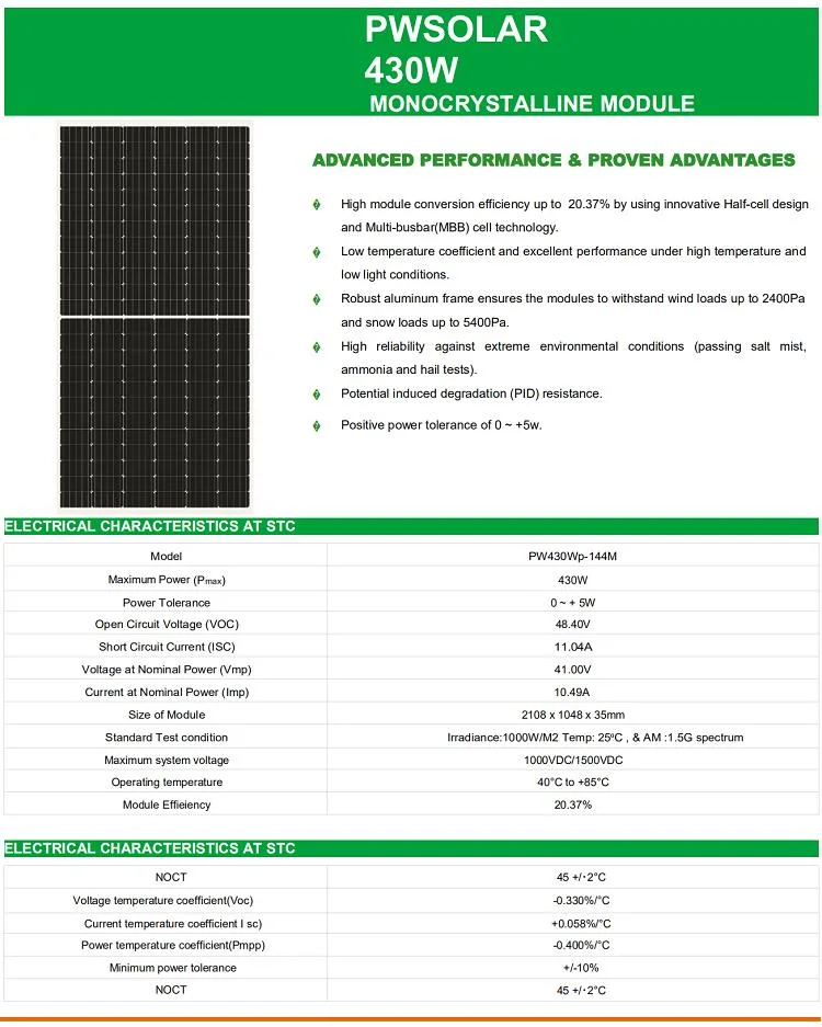 Hot Sale Photovoltaic Power Station 410W 430W Solar Panels 450 Watt Solar Panel Solar Energy System