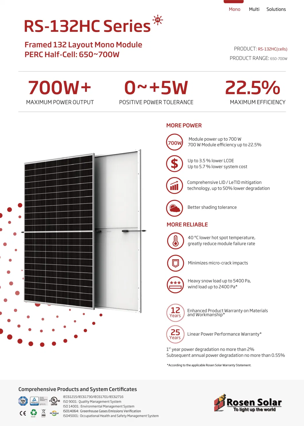Solar 132cells 12bb Mono Solar Panel 700W Half Cut Perc Solar Panels 700 Watt