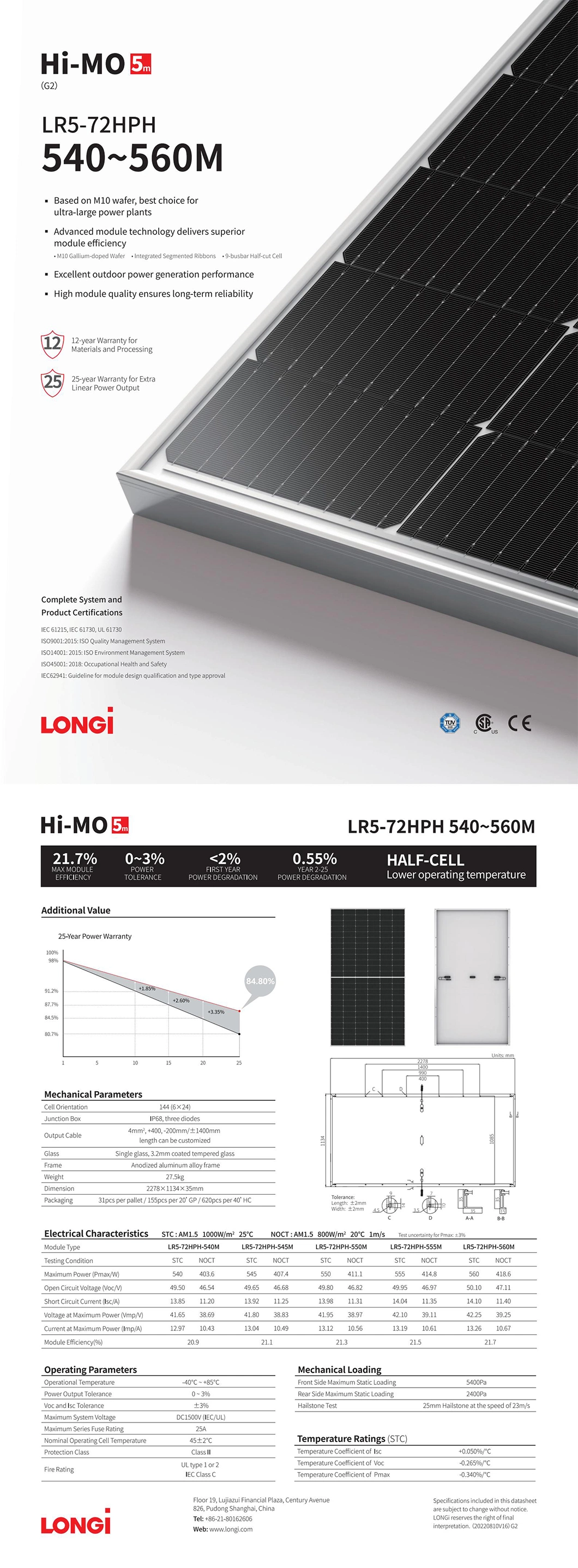 Longi Hi-Mo6 Solar Modules Longi Solar 540W 545W 550W 555W 560W Mono Solar Plates 550 Watt Stock Solar and Photovoltaic Panels