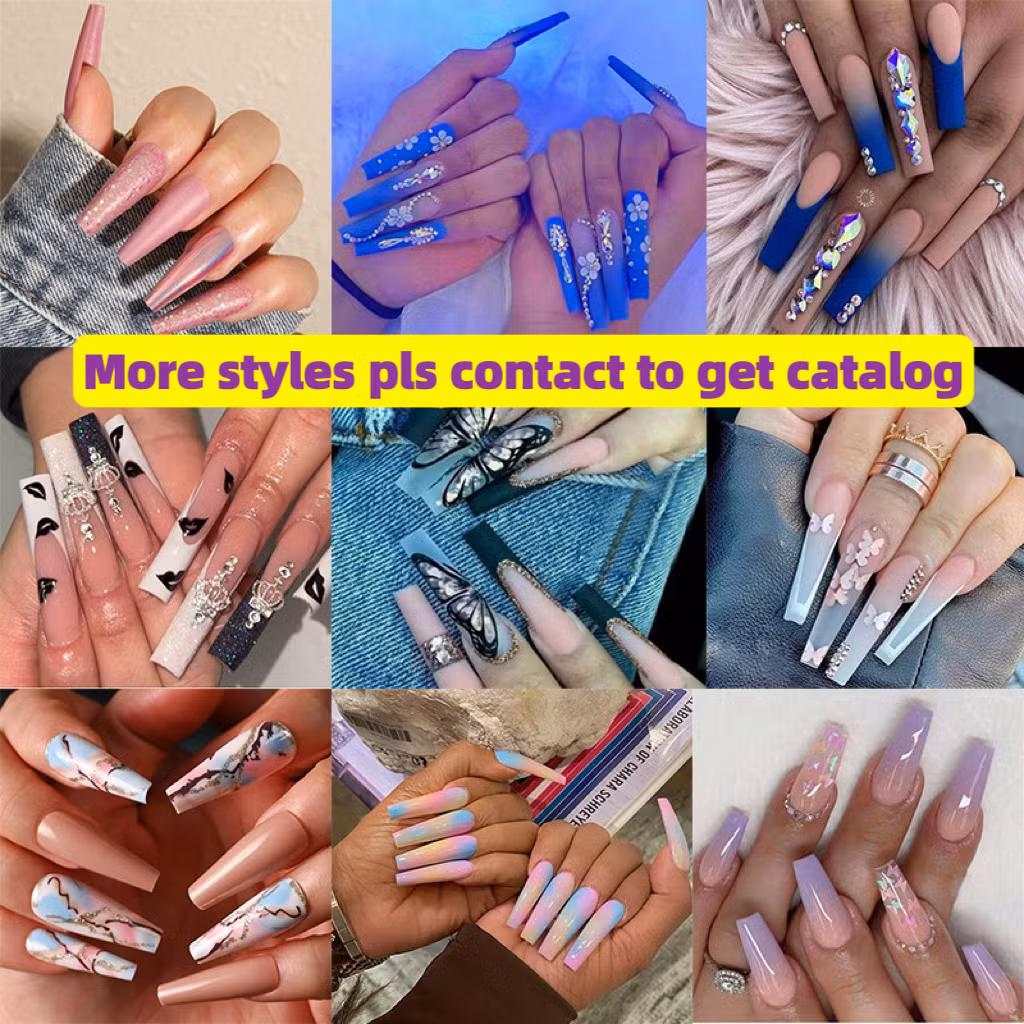 Private Label Handmade 24PCS Long Artificial Nails Polish OEM Ballerina Coffin Curved Green Flower Pearl Art Tips Rhinestones Extension ABS Press on False Nails
