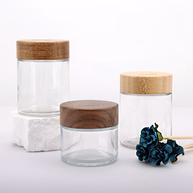 China Supply Pre Roll Glass Storage Jar with Decorative Airtight Bamboo Lid Multi Use Stash Container for Flower Tea Candy Q-Tips Oil for The Bedroom Kitchen