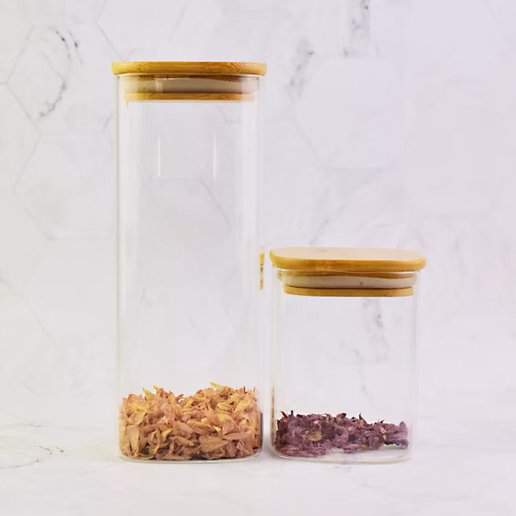 China Supply Pre Roll Glass Storage Jar with Decorative Airtight Bamboo Lid Multi Use Stash Container for Flower Tea Candy Q-Tips Oil for The Bedroom Kitchen