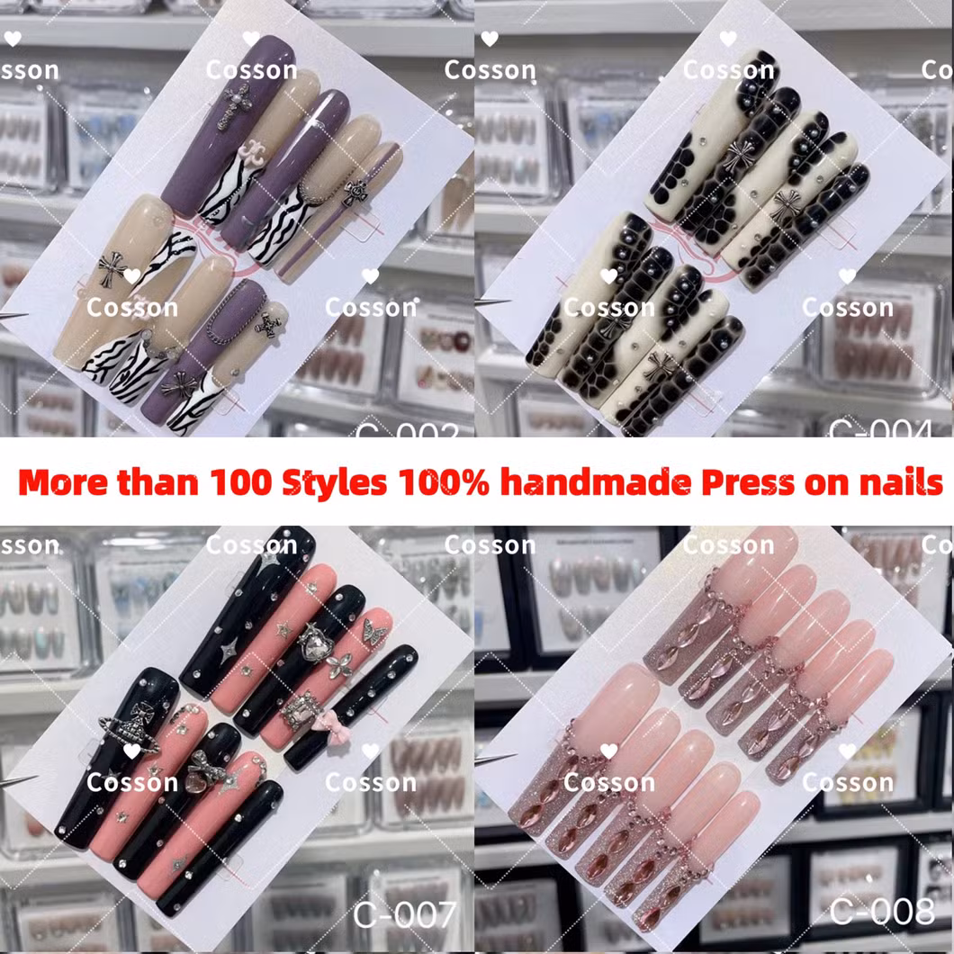 Private Label Handmade 24PCS Long Artificial Nails Polish OEM Ballerina Coffin Curved Green Flower Pearl Art Tips Rhinestones Extension ABS Press on False Nails