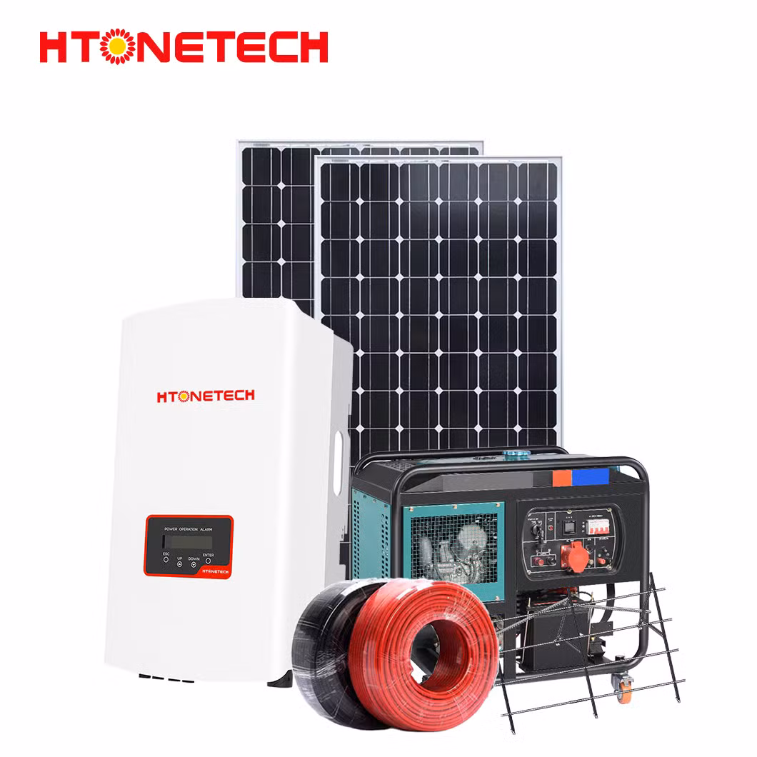 Htonetech Monocrystalline 100 Watts Solar Panel Hybrid Solar Power Inverter 2kw 3kw China 8kw Home Solar Power System with Water Cooled Open Diesel Generator