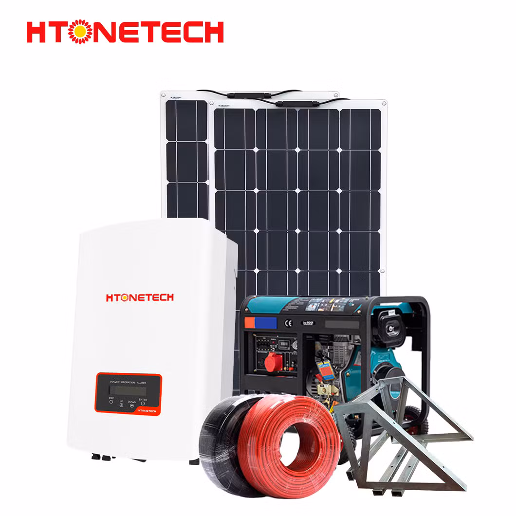Htonetech Monocrystalline 100 Watts Solar Panel Hybrid Solar Power Inverter 2kw 3kw China 8kw Home Solar Power System with Water Cooled Open Diesel Generator