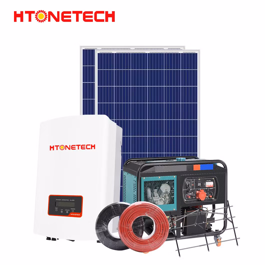 Htonetech Monocrystalline 100 Watts Solar Panel Hybrid Solar Power Inverter 2kw 3kw China 8kw Home Solar Power System with Water Cooled Open Diesel Generator