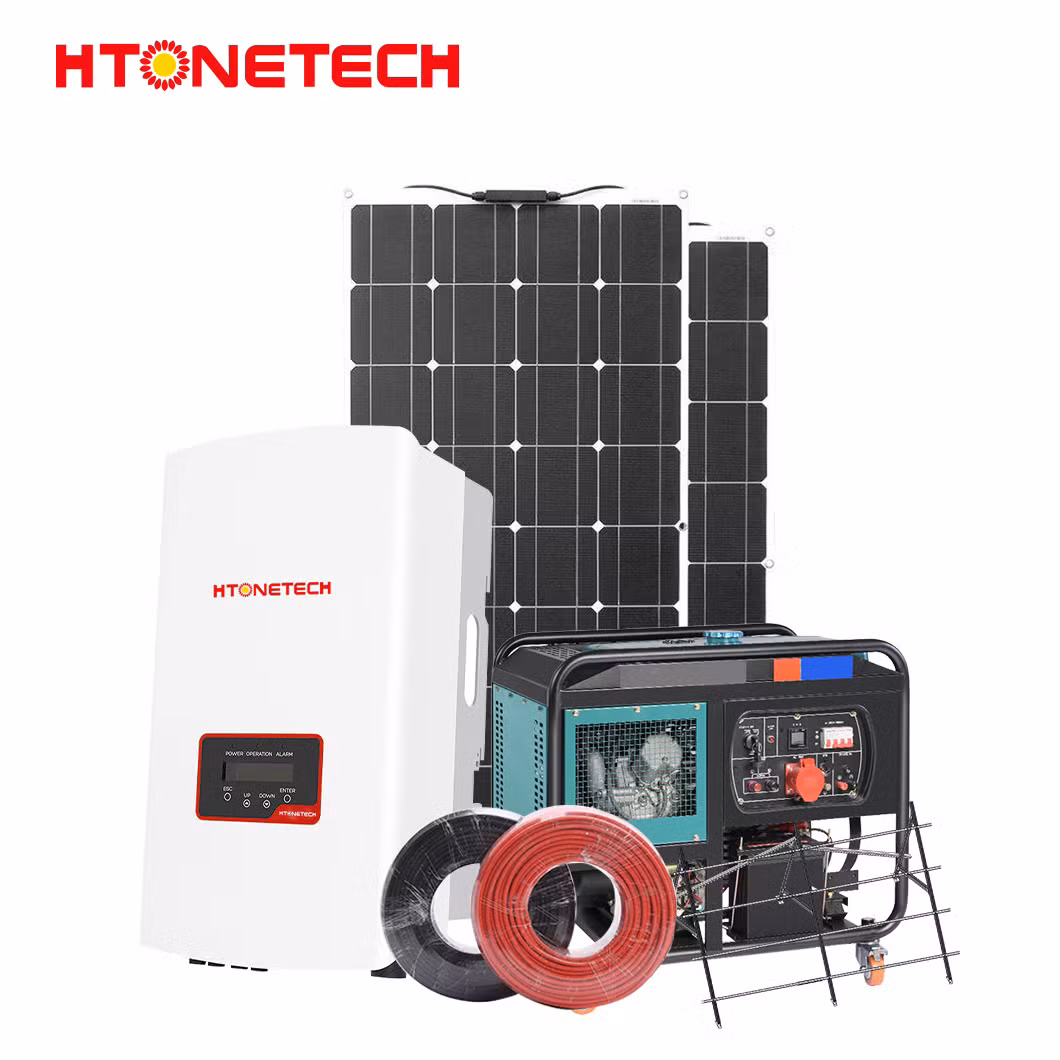 Htonetech Monocrystalline 100 Watts Solar Panel Hybrid Solar Power Inverter 2kw 3kw China 8kw Home Solar Power System with Water Cooled Open Diesel Generator