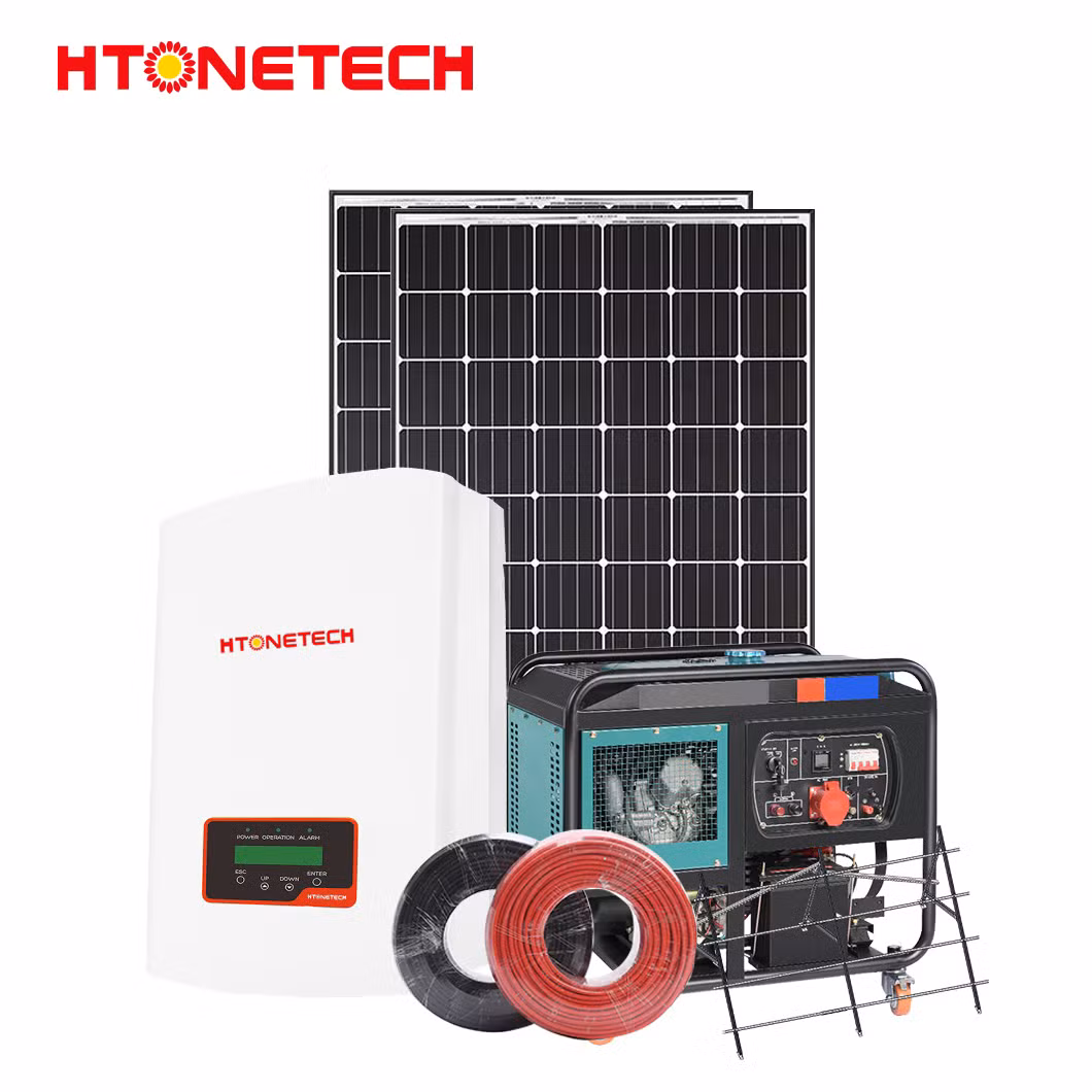 Htonetech Monocrystalline 100 Watts Solar Panel Hybrid Solar Power Inverter 2kw 3kw China 8kw Home Solar Power System with Water Cooled Open Diesel Generator
