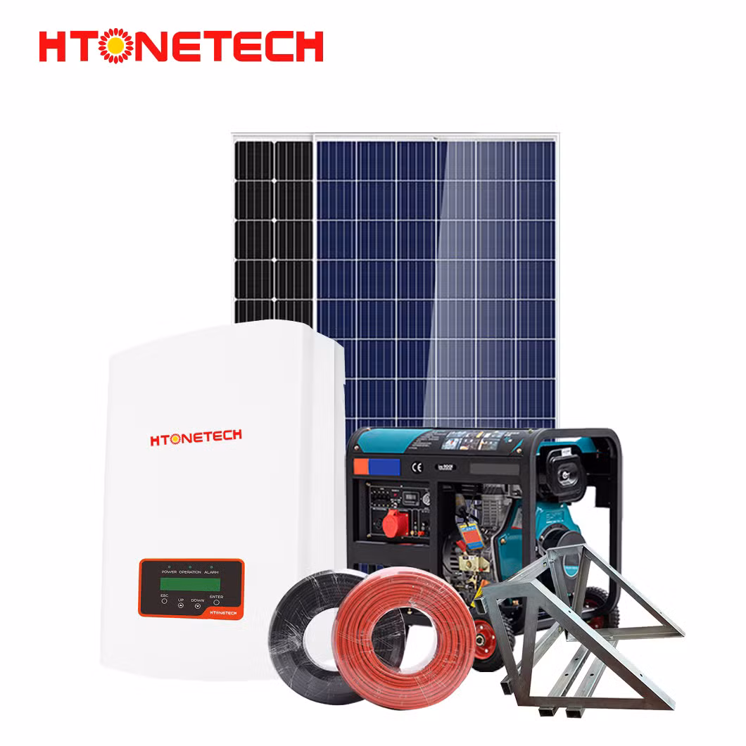 Htonetech Monocrystalline 100 Watts Solar Panel Hybrid Solar Power Inverter 2kw 3kw China 8kw Home Solar Power System with Water Cooled Open Diesel Generator