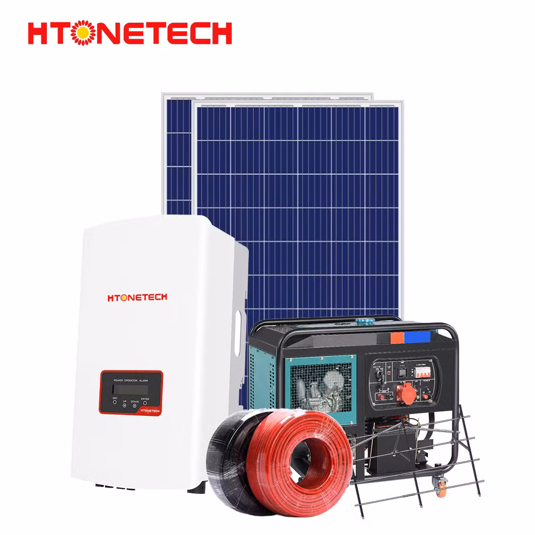 Htonetech Monocrystalline 100 Watts Solar Panel Hybrid Solar Power Inverter 2kw 3kw China 8kw Home Solar Power System with Water Cooled Open Diesel Generator