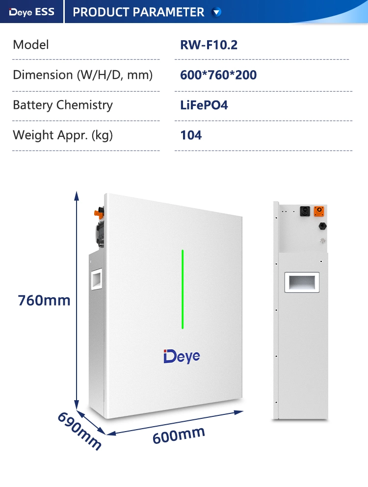 Deye Ess RW-F10.2 Scalable Capacity 200ah LiFePO4 Battery Solar System with Battery Energy Storage