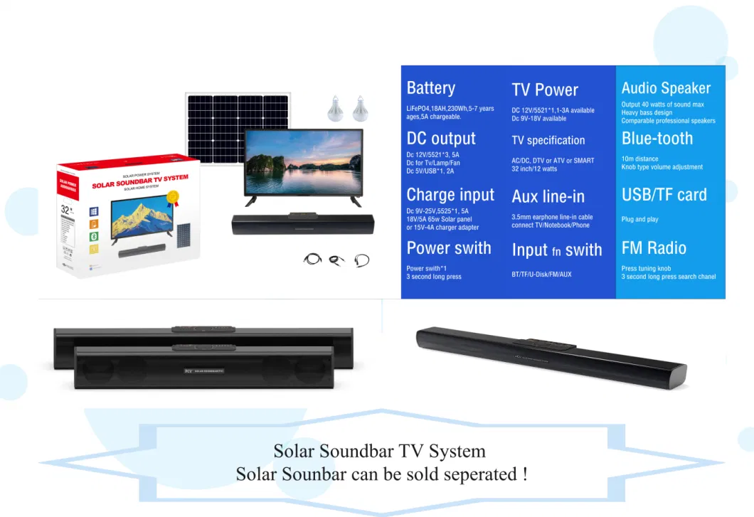 Solar Power System Pcv Solar Sound-Bar TV System for Solar Energy Storage Portable for Outdoor Mini 22ah LiFePO4 Batteries Solar Generation