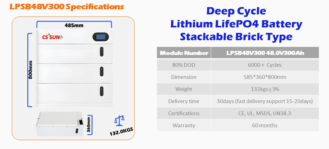 CSSUN 51.2V300Ah High temperature LiFePO4 Battery for telecom,ups computer Stacked Top quantity cal